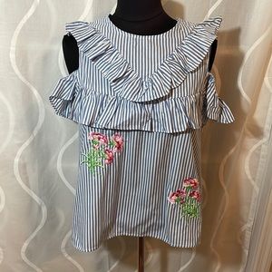 XOXO Striped Blouse with Embroidered Flowers